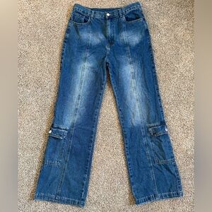 Wide Leg Flare High Waisted Cargo Utility Workwear Blue Jeans Size M